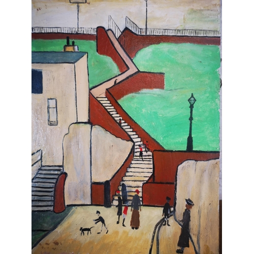 220 - An L.S Lowry style unframed oil on board - approx. 38cm high x 25cm wide