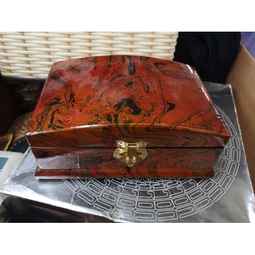 892 - A box containing Oriental lacquered trinket box, hand carved and inlaid floral pattern hardwood trin... 