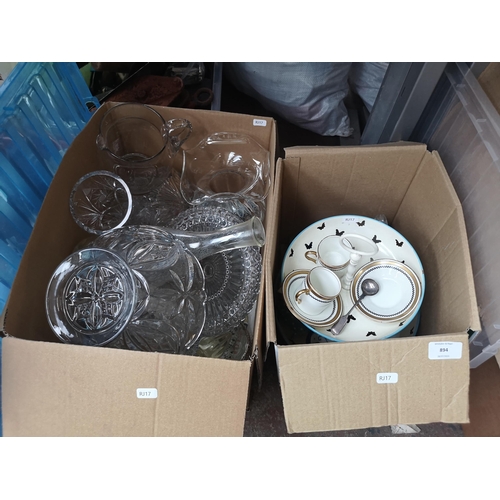 894 - Two boxes containing ceramics and glassware to include two Royal Albert coffee cups and saucers, Vic... 