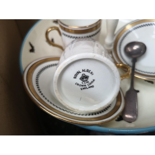 894 - Two boxes containing ceramics and glassware to include two Royal Albert coffee cups and saucers, Vic... 