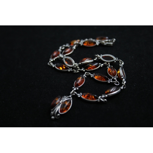 2164 - A .925 silver amber necklace, bracelet and ring set - approx. gross weight 44g