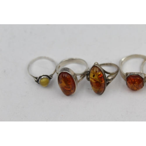 2167 - Five .925 silver amber rings - approx. gross weight 21g