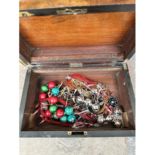 928 - Six boxes containing Victorian burr walnut and marquetry inlaid jewellery box containing costume jew... 