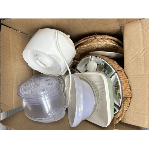 930 - Five boxes containing cookery books, wickerware, kitchenware, silver plated ware etc.