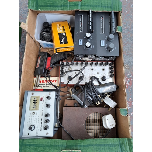 544 - Two boxes containing voltmeter, tape eraser, record cleaner, valves, AEG Optimator 3, boxed Shure SF... 