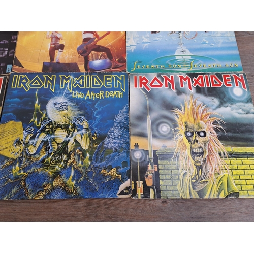 556 - Ten Iron Maiden vinyl records to include Somewhere in Time, Powerslave, Killers, Iron Maiden, Piece ... 