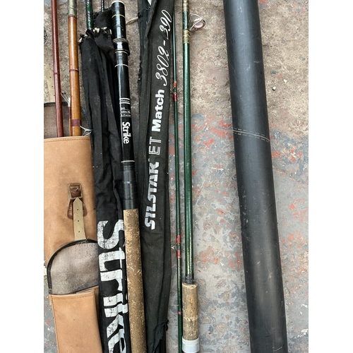 705 - Five pieces of fishing equipment, four vintage rods and one telescopic triangular net