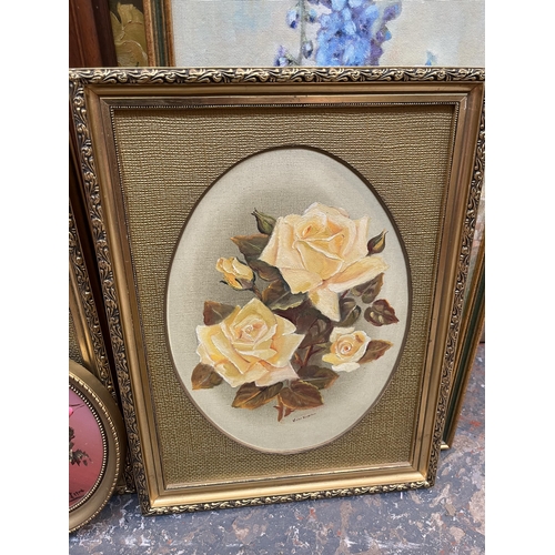 899 - Seven framed still life oil paintings to include three signed Violet Harrison etc.