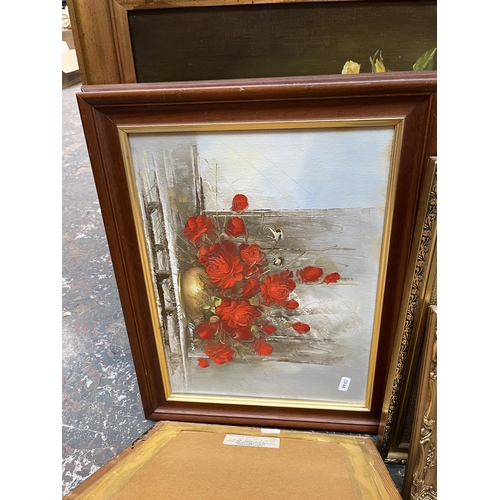 899 - Seven framed still life oil paintings to include three signed Violet Harrison etc.