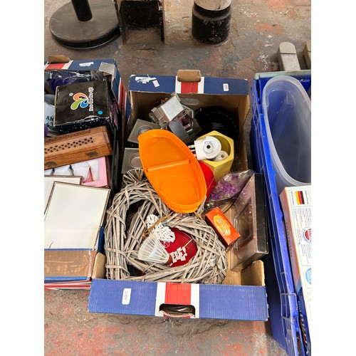 919 - Four boxes containing studio pottery vase, sheesham wood incense box with brass elephant inlay, boxe... 