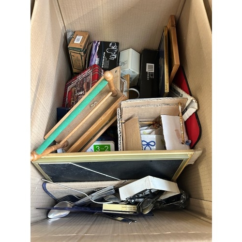 916 - Four boxes containing Alpha plate cutlery, CDs, vintage books, framed pictures etc.