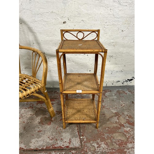 174 - Two pieces of wicker and bamboo furniture, one armchair and one three tier shelving unit