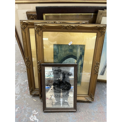 906 - A collection of framed pictures to include vintage Southern Comfort advertising mirror, Peter Holdso... 