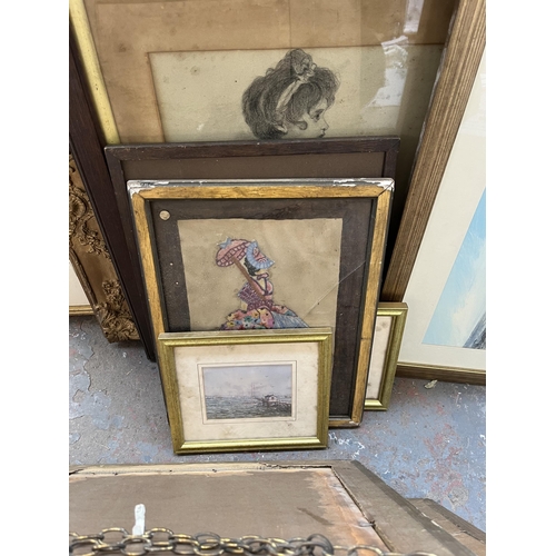 906 - A collection of framed pictures to include vintage Southern Comfort advertising mirror, Peter Holdso... 