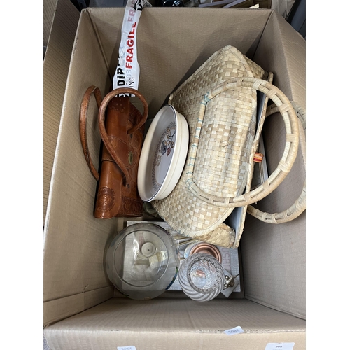 908 - Three boxes containing cut crystal glassware, kitchenware, wickerware, pictures etc.