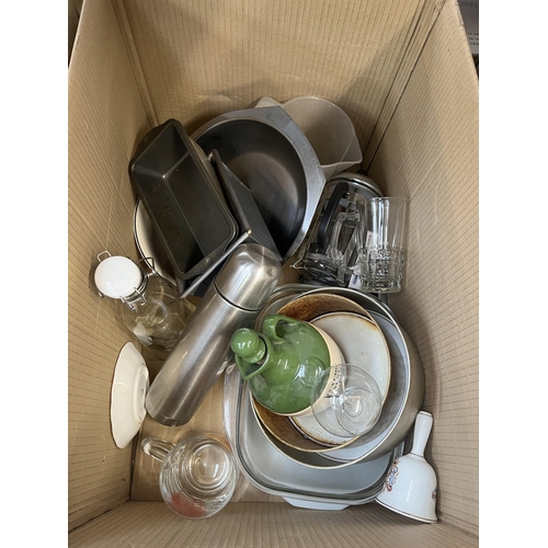 908 - Three boxes containing cut crystal glassware, kitchenware, wickerware, pictures etc.