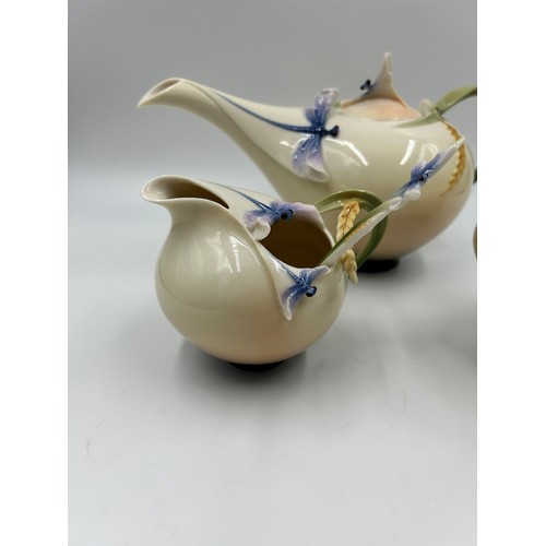 263 - Three pieces of boxed Franz Dragonfly porcelain designed by Jen Woo, teapot, sugar jar and cream jug