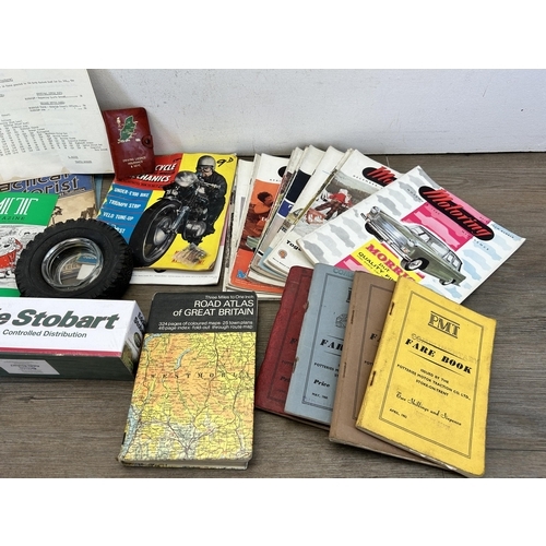 394 - A collection of motoring related items to include 1935 The practical Motorist Publication, 1958 PMT ... 