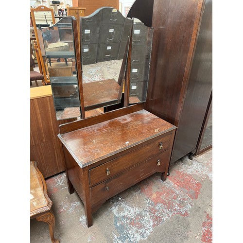 91 - Six pieces of furniture to include Edwardian mahogany bedside cabinet, Indian carved teak side table... 