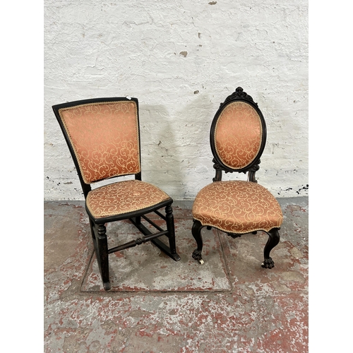 32 - Two late 19th/early 20th century stained hardwood and pink fabric upholstered occasional chairs, one... 