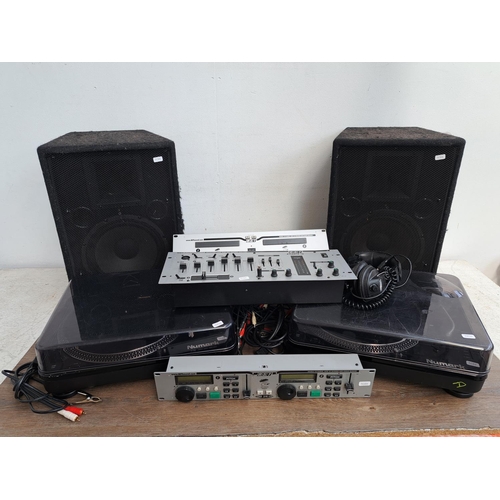 631 - A collection DJ equipment, one pair of Numark TT-100 direct drive turntables, one pair of Wharfedale... 