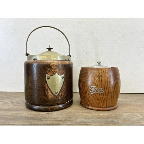 524 - Two carved oak items, one mid 20th century tea caddy and one early 20th century EPNS decorated biscu... 