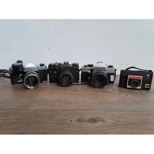 602 - A collection of cameras, lenses and cases to include Yashica J-P camera, Praktica MTL5B, one Zenit E... 