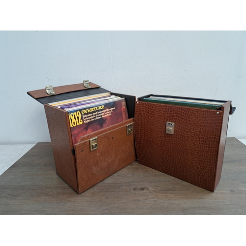 649 - Two faux snakeskin boxes containing records to include The Smiths, UB40, Paul Simon etc.