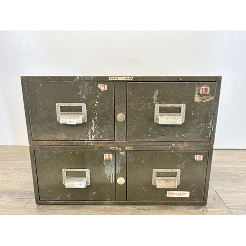 597 - Two vintage Roneo Vickers military green metal two drawer index filing cabinets - approx. 18cm high ... 