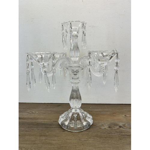 347 - A 20th century crystal five branch candelabra with droplets - approx. 42cm high