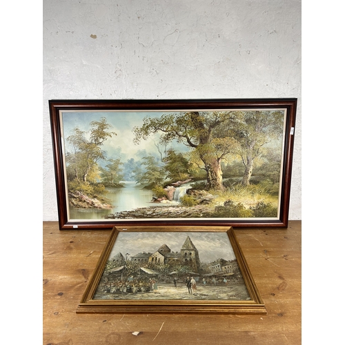 242 - Two framed oil paintings, one of a lake and woodland scene signed lower right and one of a Parisian ... 