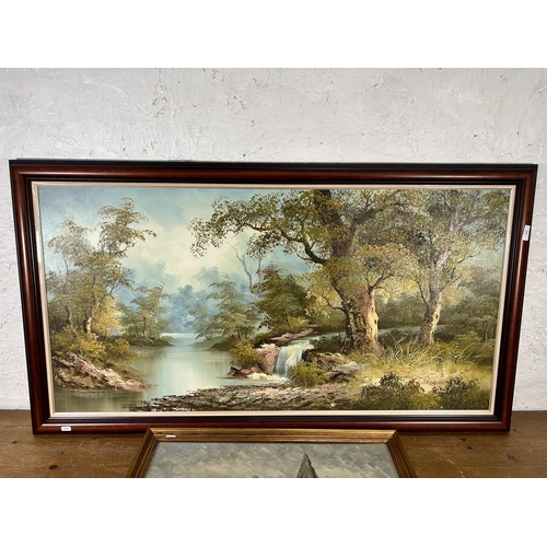 242 - Two framed oil paintings, one of a lake and woodland scene signed lower right and one of a Parisian ... 