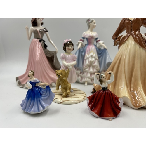 290 - Six ceramic figurines, two Coalport; Ladies of Fashion Joan and Sentiments My Love and four Royal Do... 