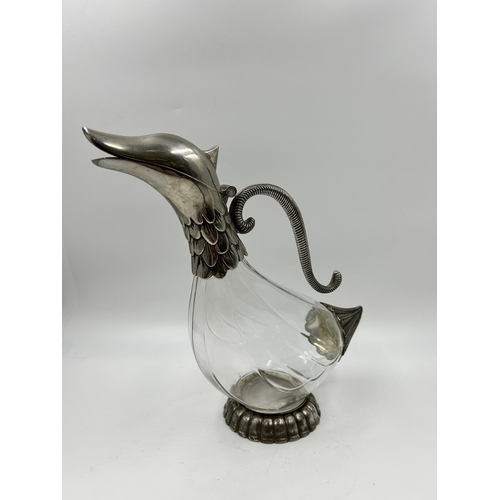 322 - A Selia glass and silver plate duck decanter - approx. 26cm high