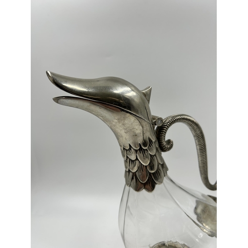 322 - A Selia glass and silver plate duck decanter - approx. 26cm high