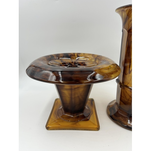 334 - Two pieces of Art Deco George Davidson Amber Cloud glassware - largest approx. 35cm high