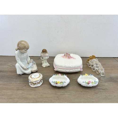 349 - Seven pieces of ceramics and glassware to include Nao figurine, pair of Coalport trinket dishes, Bas... 