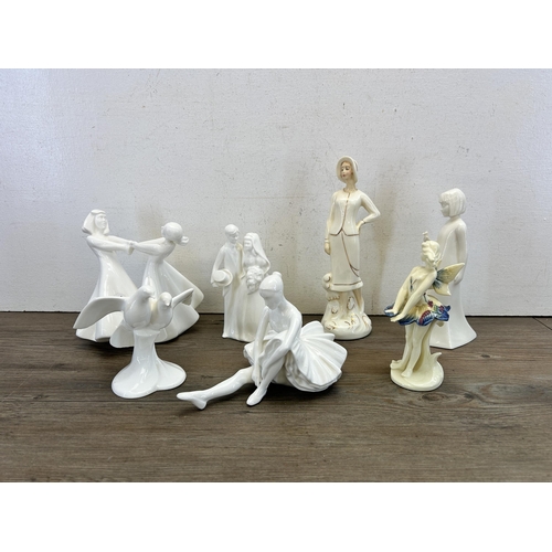 357 - Seven ceramic figurines, five Royal Doulton, one Royal Worcester and one Old Tupton Ware