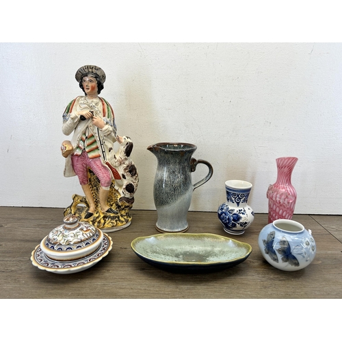 365 - Seven pieces of ceramics and glassware to include Victorian style hand blown handled vase, Royal Cop... 