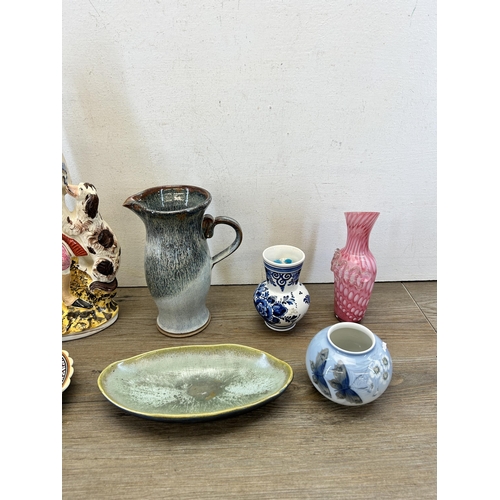 365 - Seven pieces of ceramics and glassware to include Victorian style hand blown handled vase, Royal Cop... 