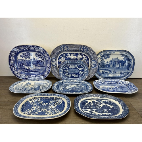 367 - Nine 19th century and later blue and white serving dishes and meat plates to include Spode, Booths e... 