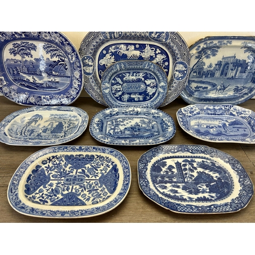 367 - Nine 19th century and later blue and white serving dishes and meat plates to include Spode, Booths e... 