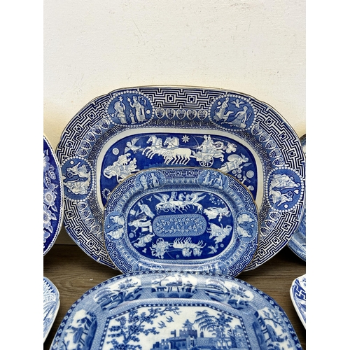 367 - Nine 19th century and later blue and white serving dishes and meat plates to include Spode, Booths e... 