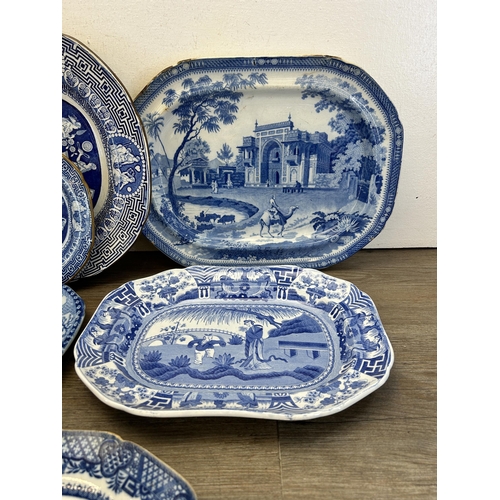 367 - Nine 19th century and later blue and white serving dishes and meat plates to include Spode, Booths e... 