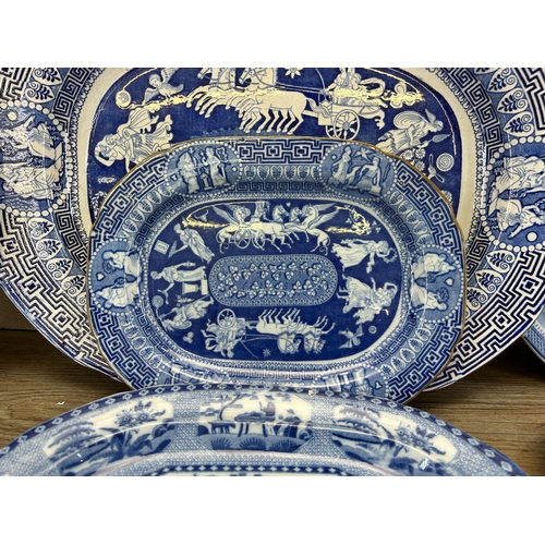 367 - Nine 19th century and later blue and white serving dishes and meat plates to include Spode, Booths e... 