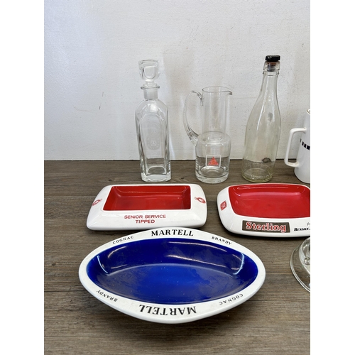 380 - Twelve pieces of advertising ceramics and glassware to include Wills's Woodbines glass ashtray, Seni... 