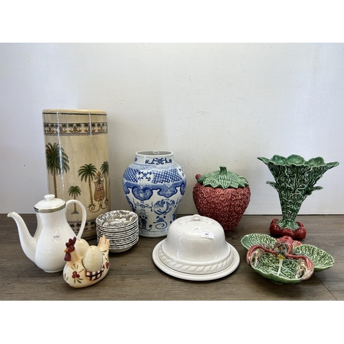 389 - A collection of ceramics to include three pieces of Portuguese majolica, Royal Doulton Athens coffee... 