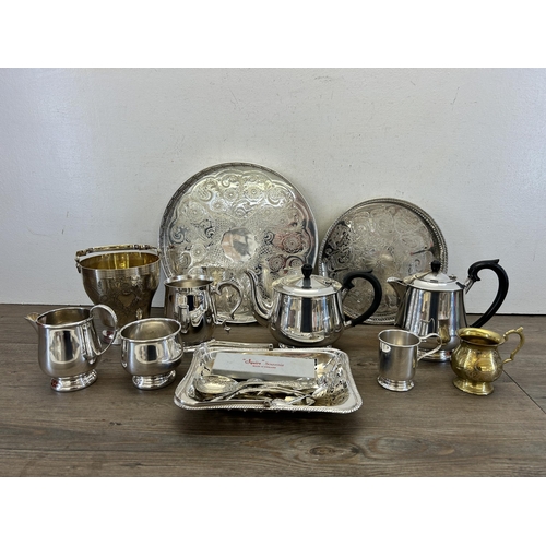 404 - A collection of metalware to include Falstaff silver plated four piece tea and coffee set, Viners si... 