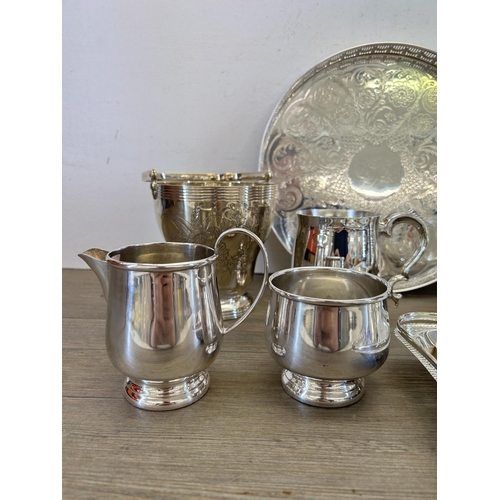 404 - A collection of metalware to include Falstaff silver plated four piece tea and coffee set, Viners si... 