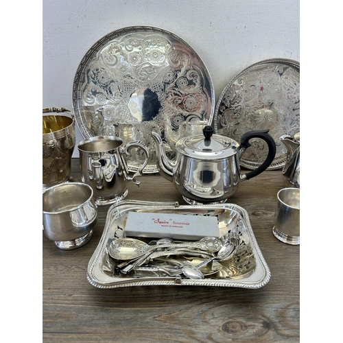 404 - A collection of metalware to include Falstaff silver plated four piece tea and coffee set, Viners si... 